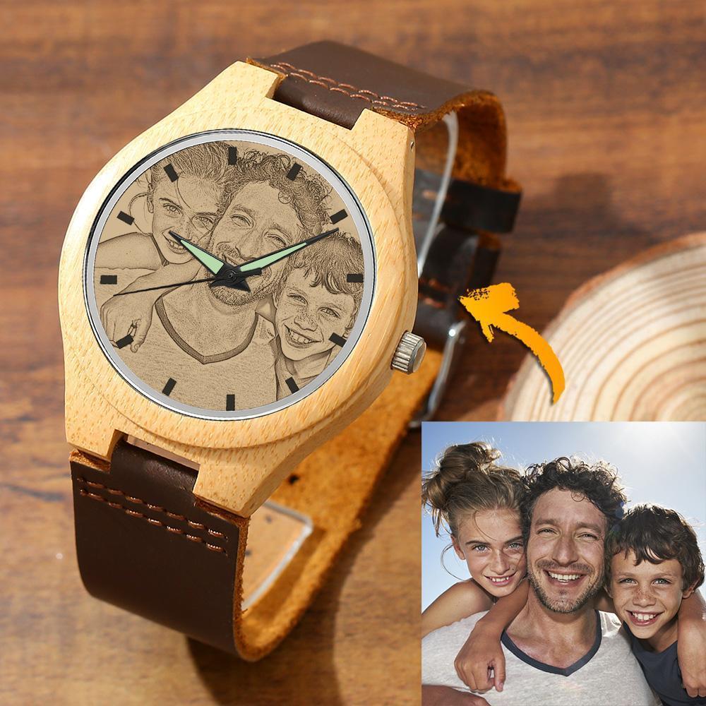 Damen Gravierte Bambus Foto Uhr Holzfarbe Lederband 40mm