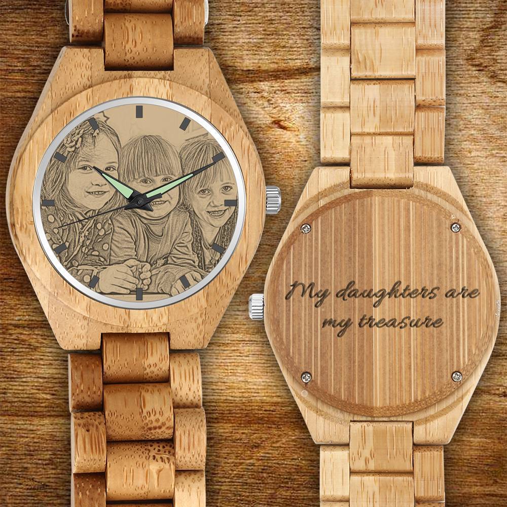 Herren Graviertes Bambus Foto Uhr Hölzernband 45mm