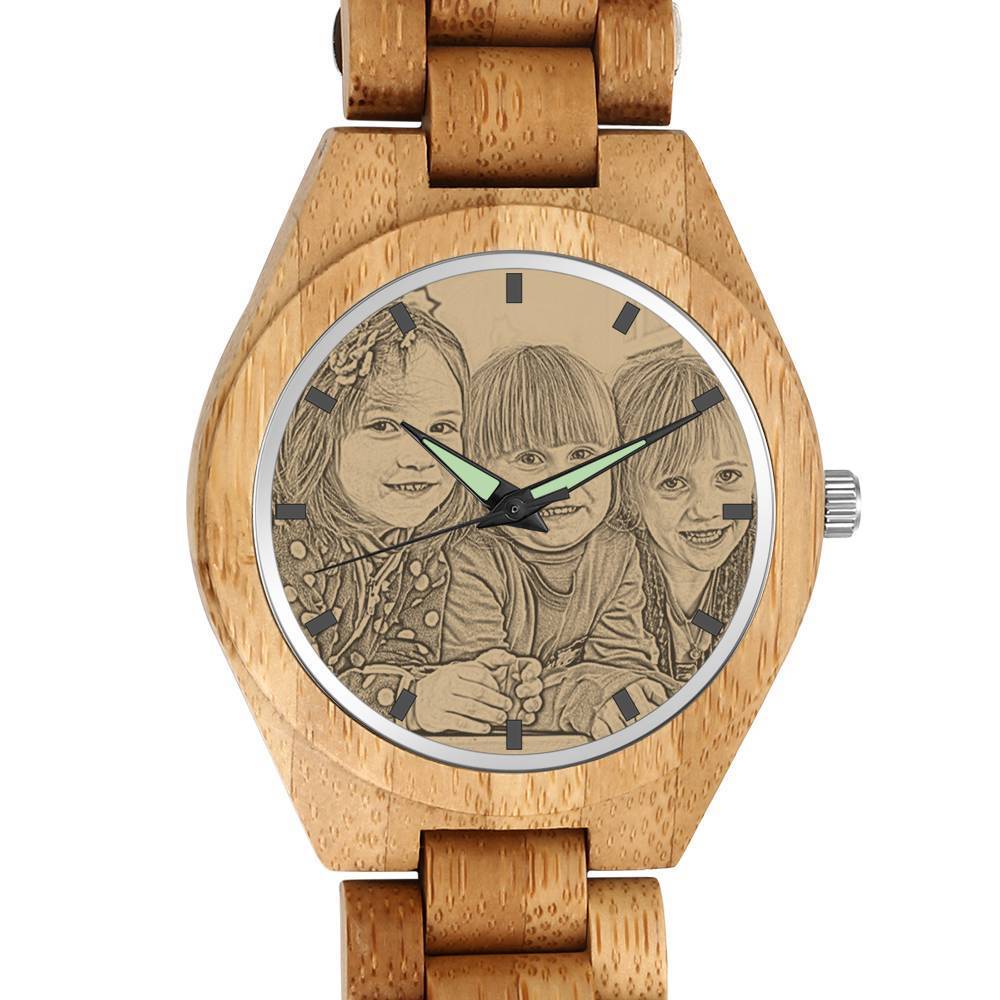 Herren Graviertes Bambus Foto Uhr Hölzernband 45mm