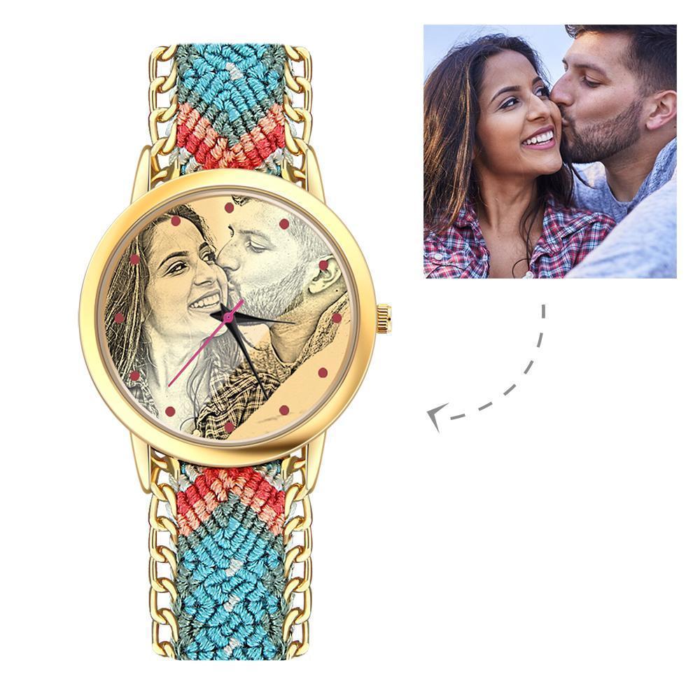 Frauen Gold Foto Graviert Uhr Geflochtene Farbe Seilgurt 40mm