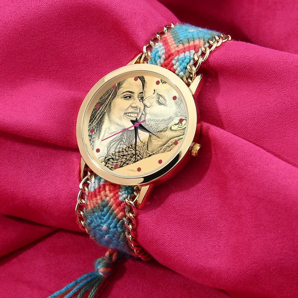 Frauen Gold Foto Graviert Uhr Geflochtene Farbe Seilgurt 40mm