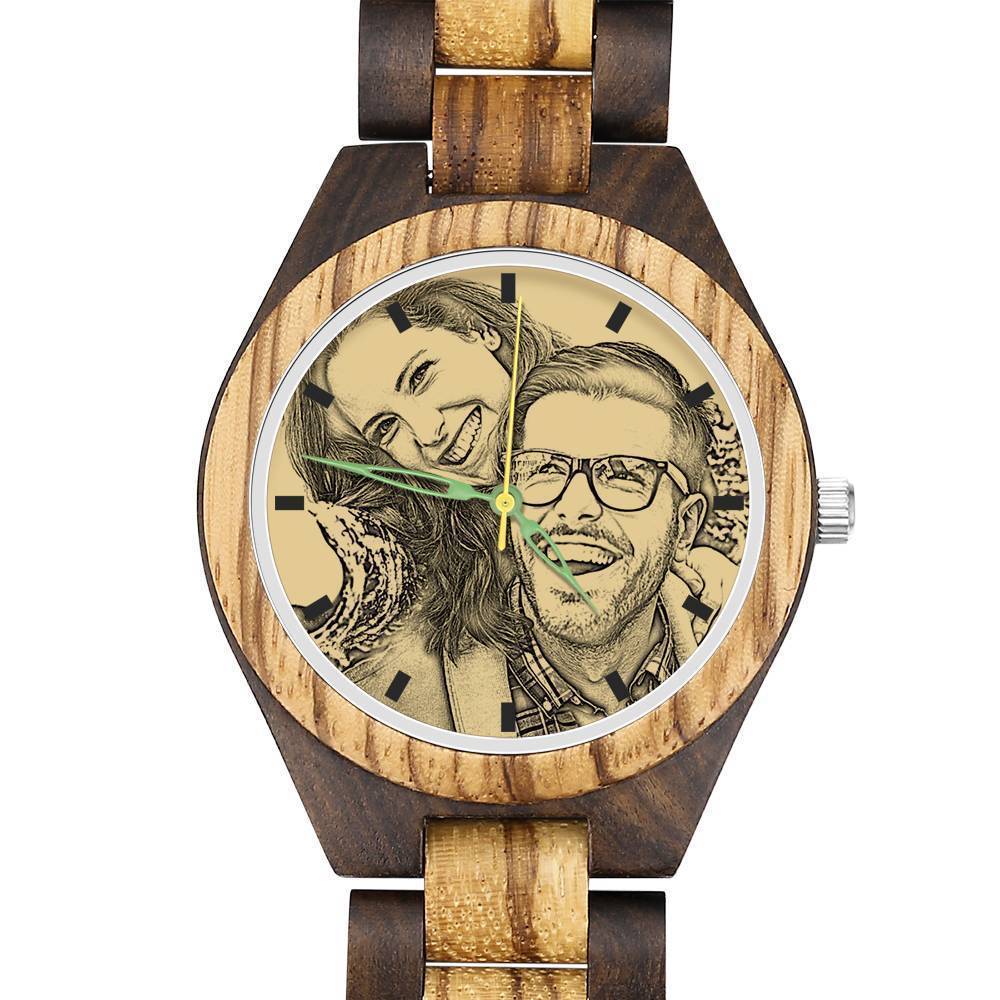 Herren Gravierte Hölzerne Foto Watch Holzband 45mm