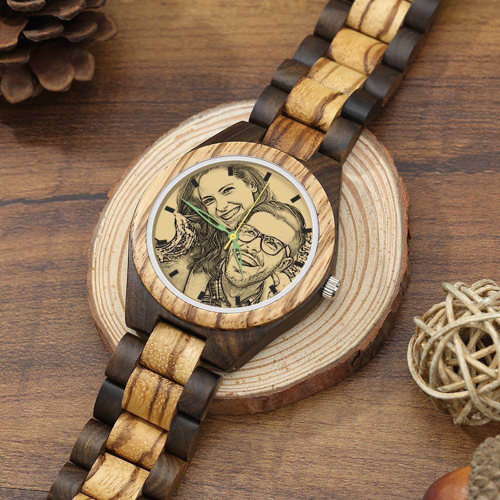 Herren Gravierte Hölzerne Foto Watch Holzband 45mm