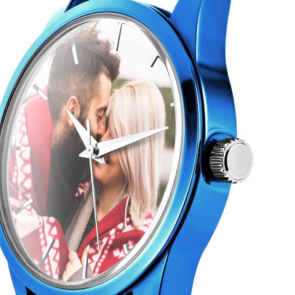 Personalisierte Gravierte Uhr, Foto Uhr mit Blauem Lederband Herren - Geschenk für Freund