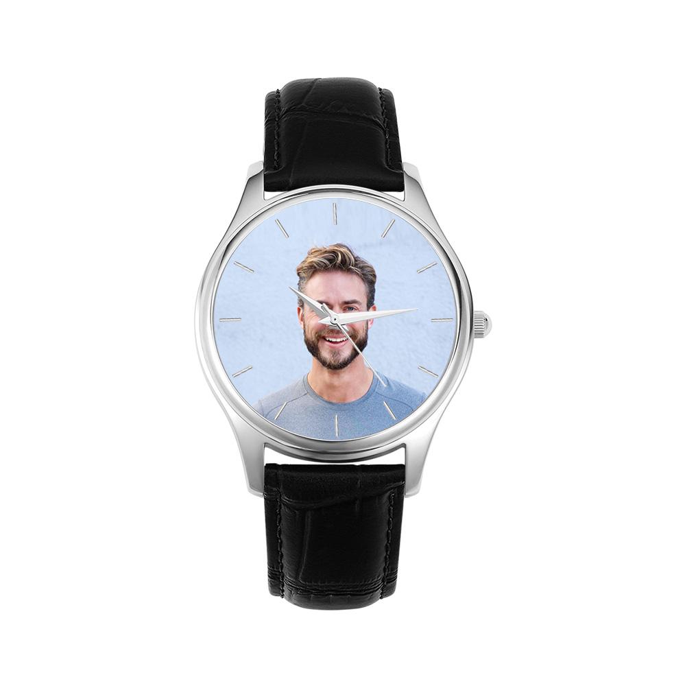 Personalisierte Namensfoto-uhr, 40 Mm Schwarzes Lederarmband, Personalisiertes Geschenk Für Ihn - soufeelde