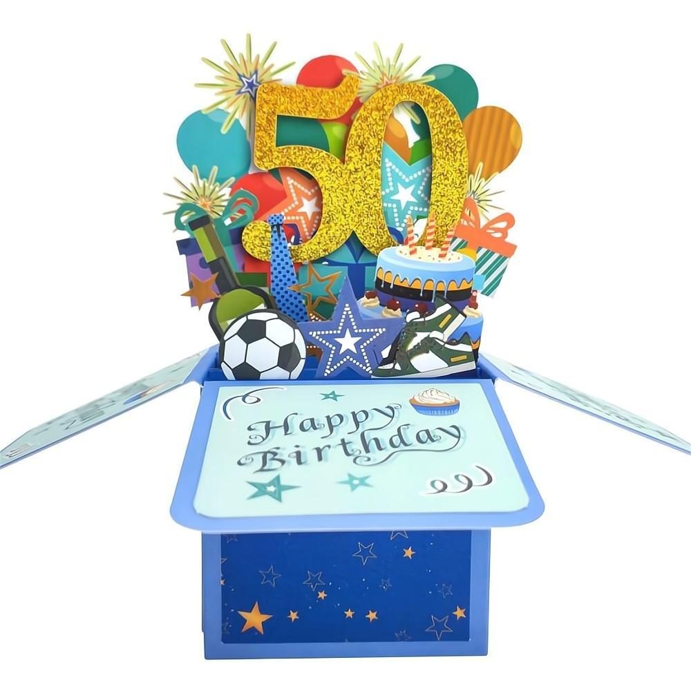 Blaue Geburtstags-pop-up-box-karte 50. Geburtstag 3d-pop-up-grußkarte - soufeelde