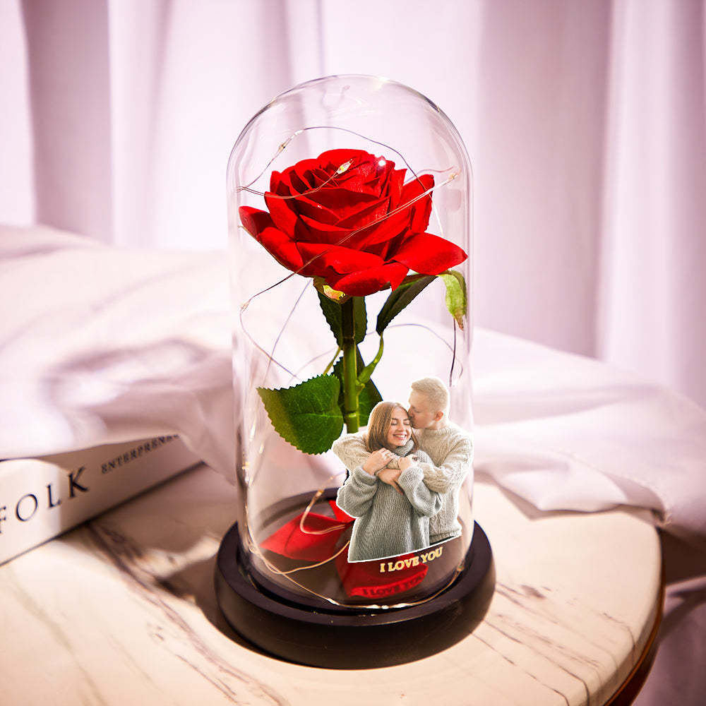 Benutzerdefiniertes Foto Text Ewige Rose Blume Led Nachtlicht Romantische Simulation Ewige Rose Blume Glasabdeckung Für Jubiläum Und Valentinstag - soufeelde