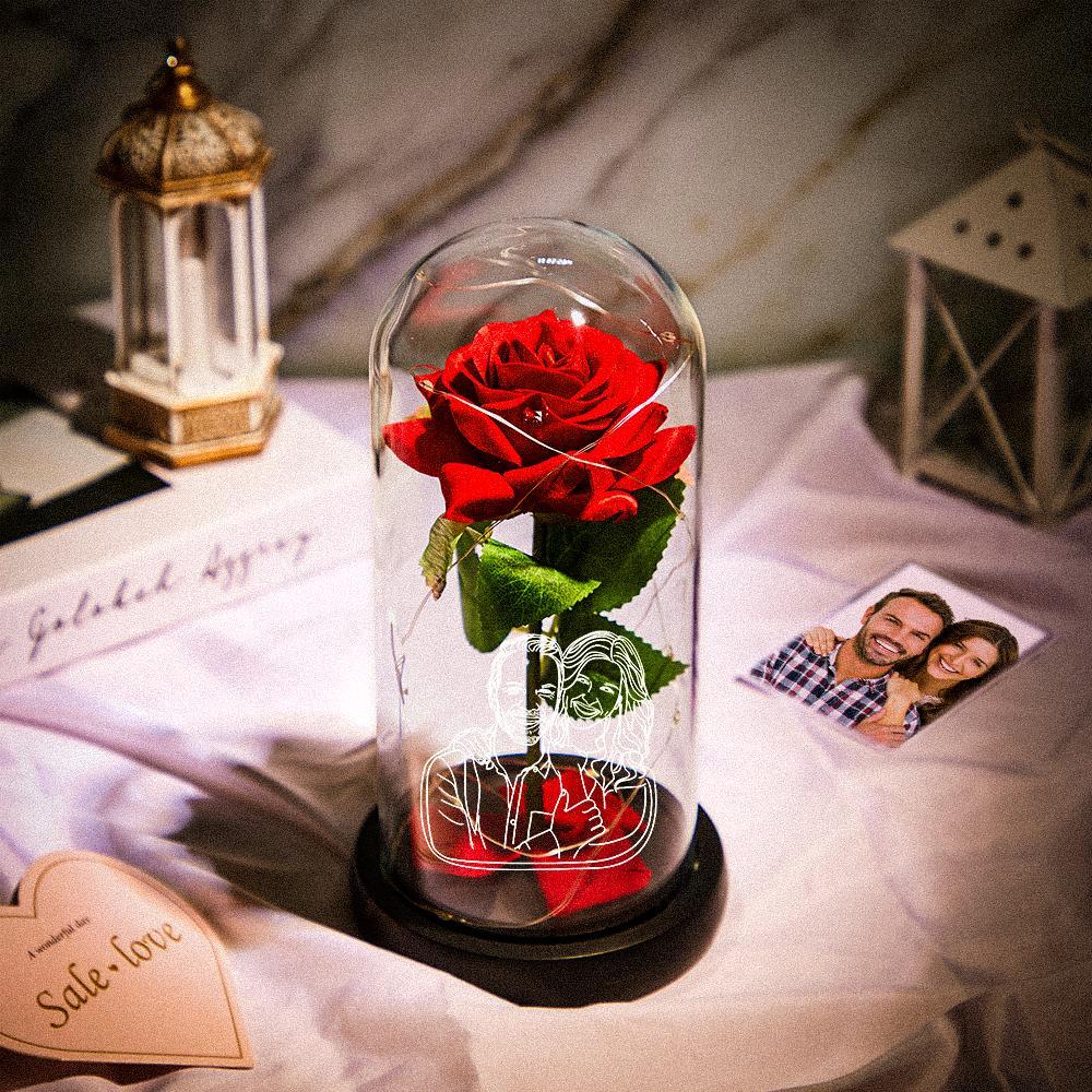 Benutzerdefinierte Foto Strichzeichnung Ewige Rose Blume Led Nachtlicht Romantische Simulation Ewige Rose Blume Glasabdeckung Für Jahrestag Valentinstagsgeschenk