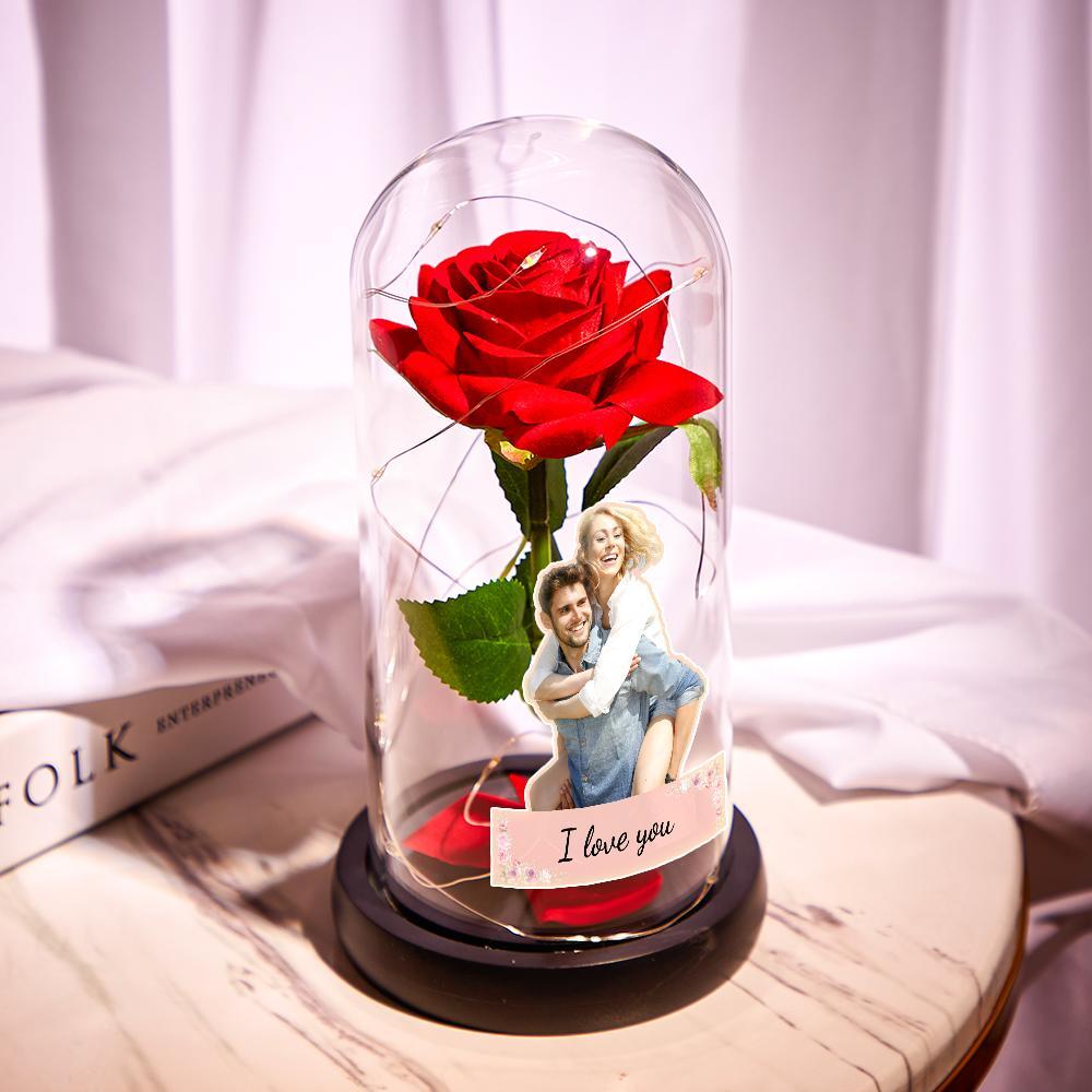 Benutzerdefiniertes Foto Text Ewige Rose Blume Glasabdeckung Led Nachtlicht Romantisches Simulationsgeschenk Für Sie - soufeelde
