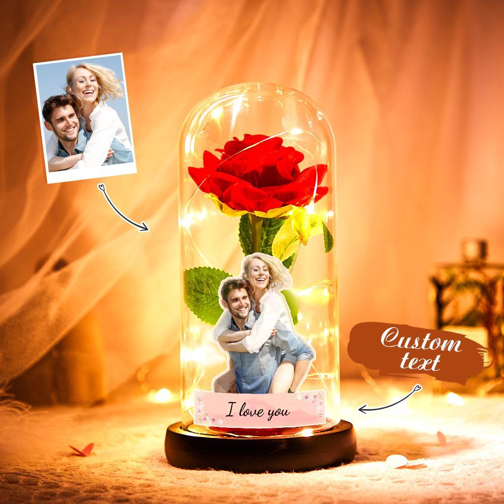 Benutzerdefiniertes Foto Text Ewige Rose Blume Glasabdeckung Led Nachtlicht Romantisches Simulationsgeschenk Für Sie - soufeelde