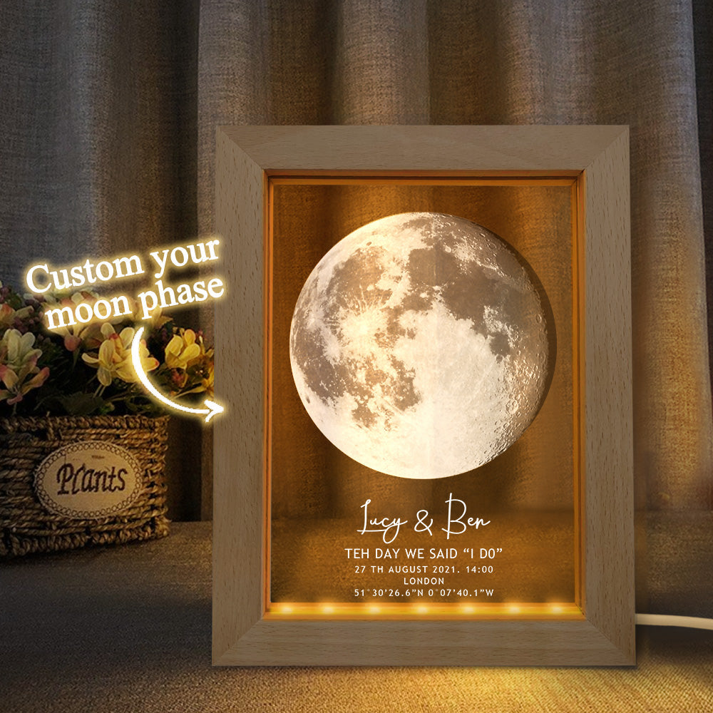 Benutzerdefinierte Mondphase Nachtlicht Personalisierte Mondphase Holzrahmen Licht Geschenk - soufeelde