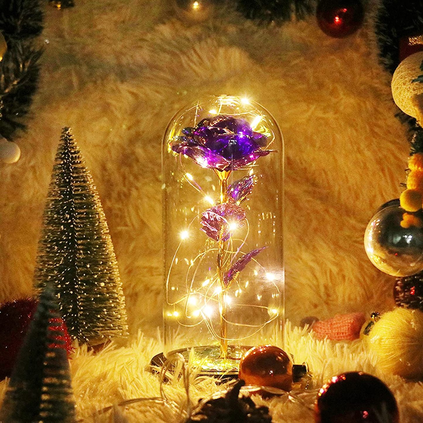 Simulación Romántica Flor Púrpura Eterna Cubierta De Vidrio Led Micro Paisaje Regalos En Navidad, Día De San Valentín Y Aniversario
