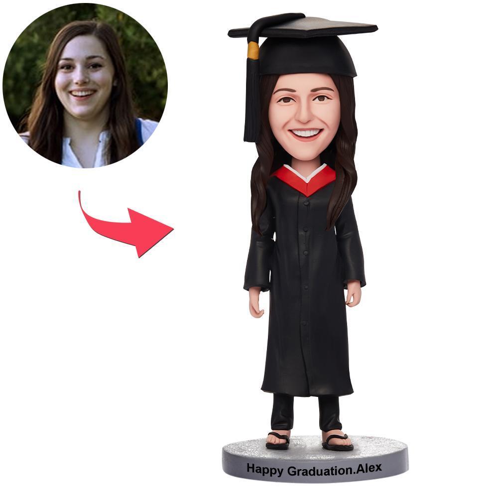 Bobblehead personalizado de niña feliz de graduación con texto grabado