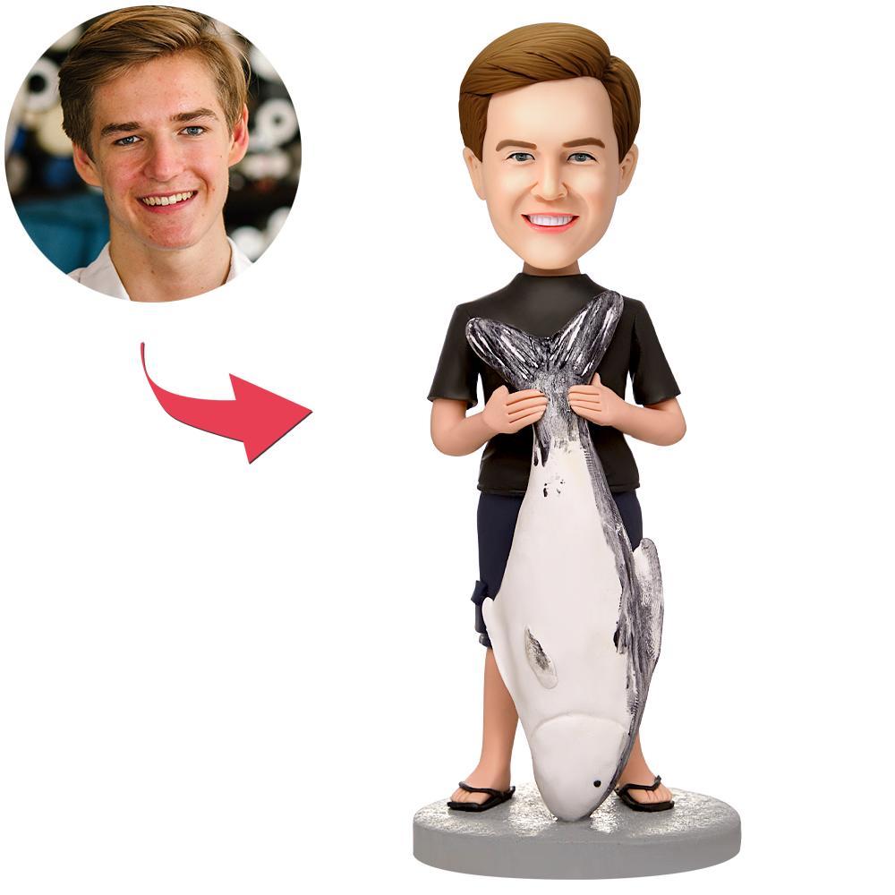 Hombre de pesca con Big Fish personalizado Bobblehead y texto grabado