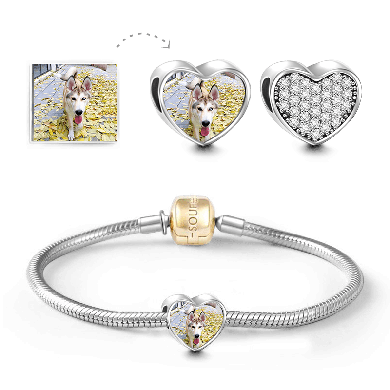 Soufeel Pulsera de Cadena de Serpiente con Abalorio de Foto en Forma de Corazón Pavimentado por Circón Plata Chapado en 14k Oro