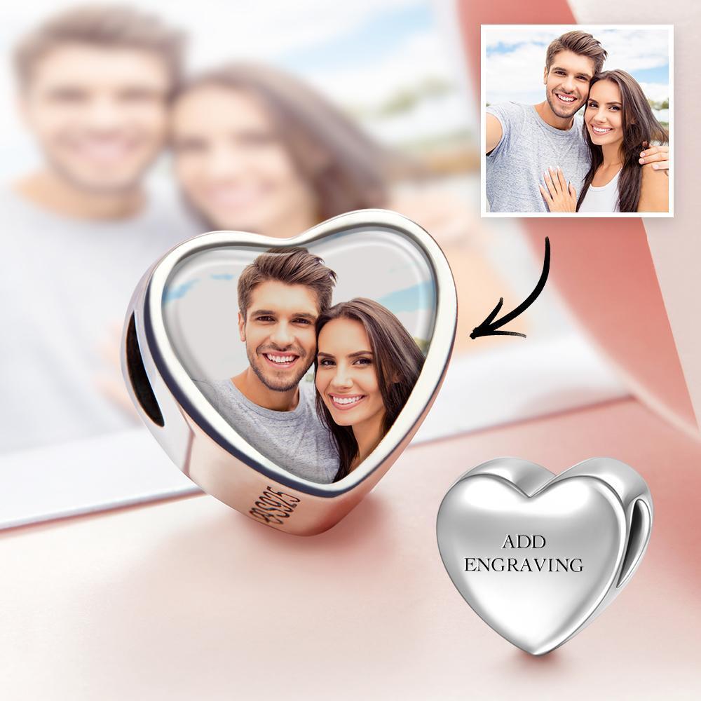 Abalorio de Foto en Forma de Corazón Grabable Plata Regalos De Navidad