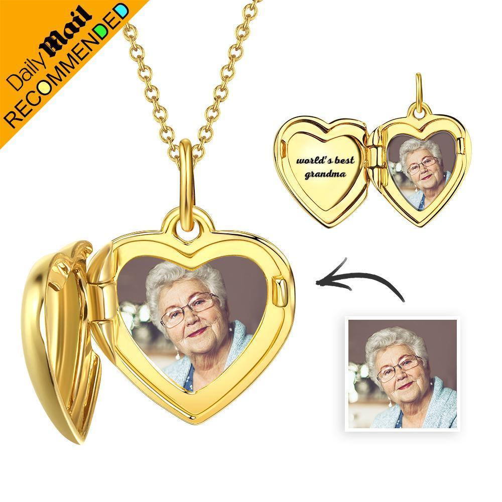 Collar de Medallón de Corazón de Foto Grabable Plata Chapado en 14k Oro