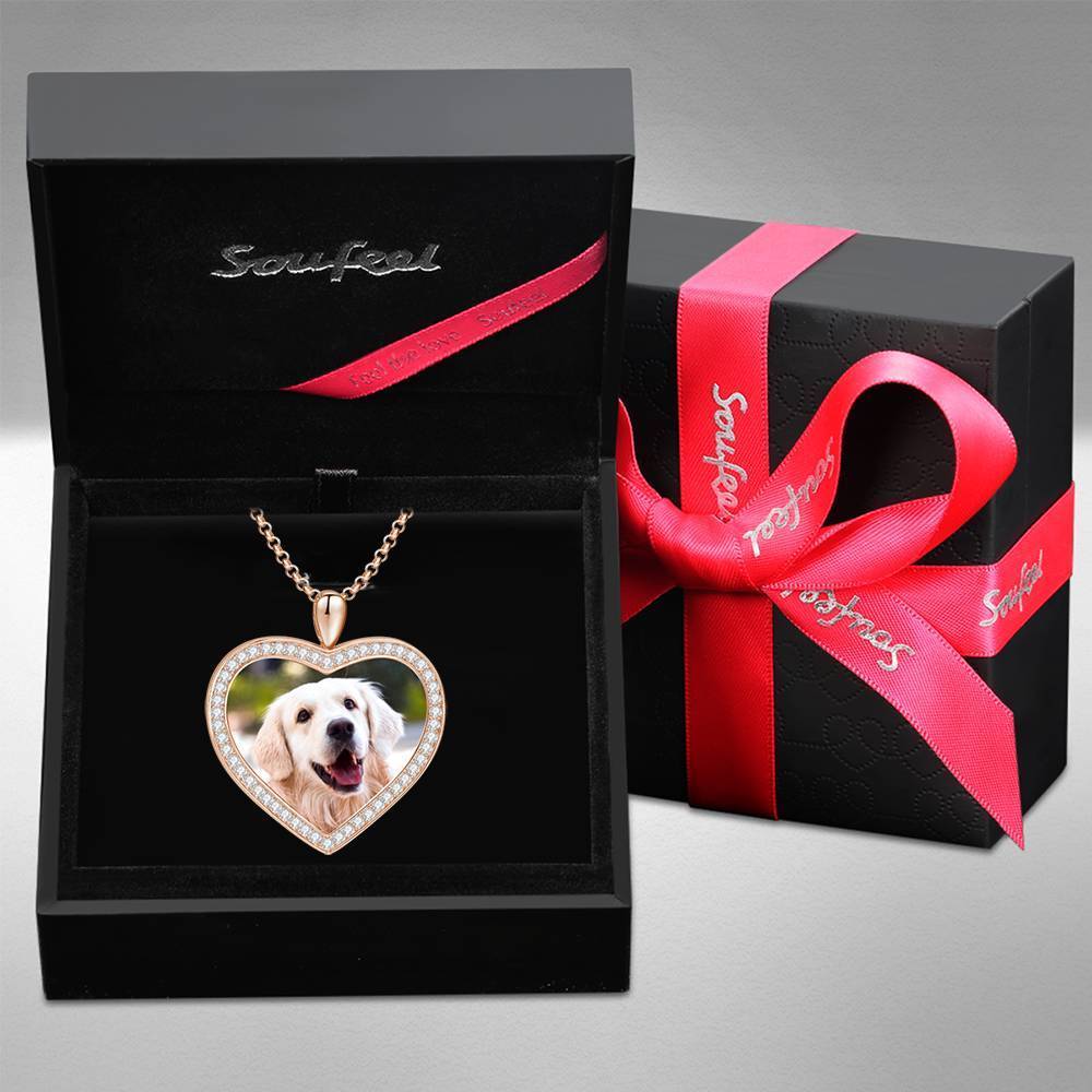 Mujer Collar Grabable con Foto Personalizada, Collar con Foto de Forma de Corazón con Cristal de Strass Bañado en Oro Rosa - Colorido