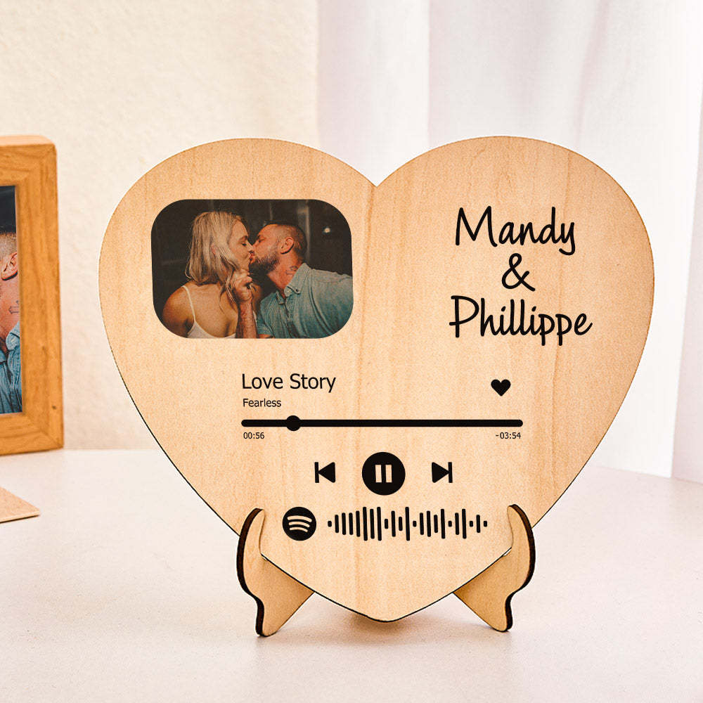 Placa De Foto De Código De Spotify Escaneable Decoración De Mesa De Madera En Forma De Corazón - soufeeles