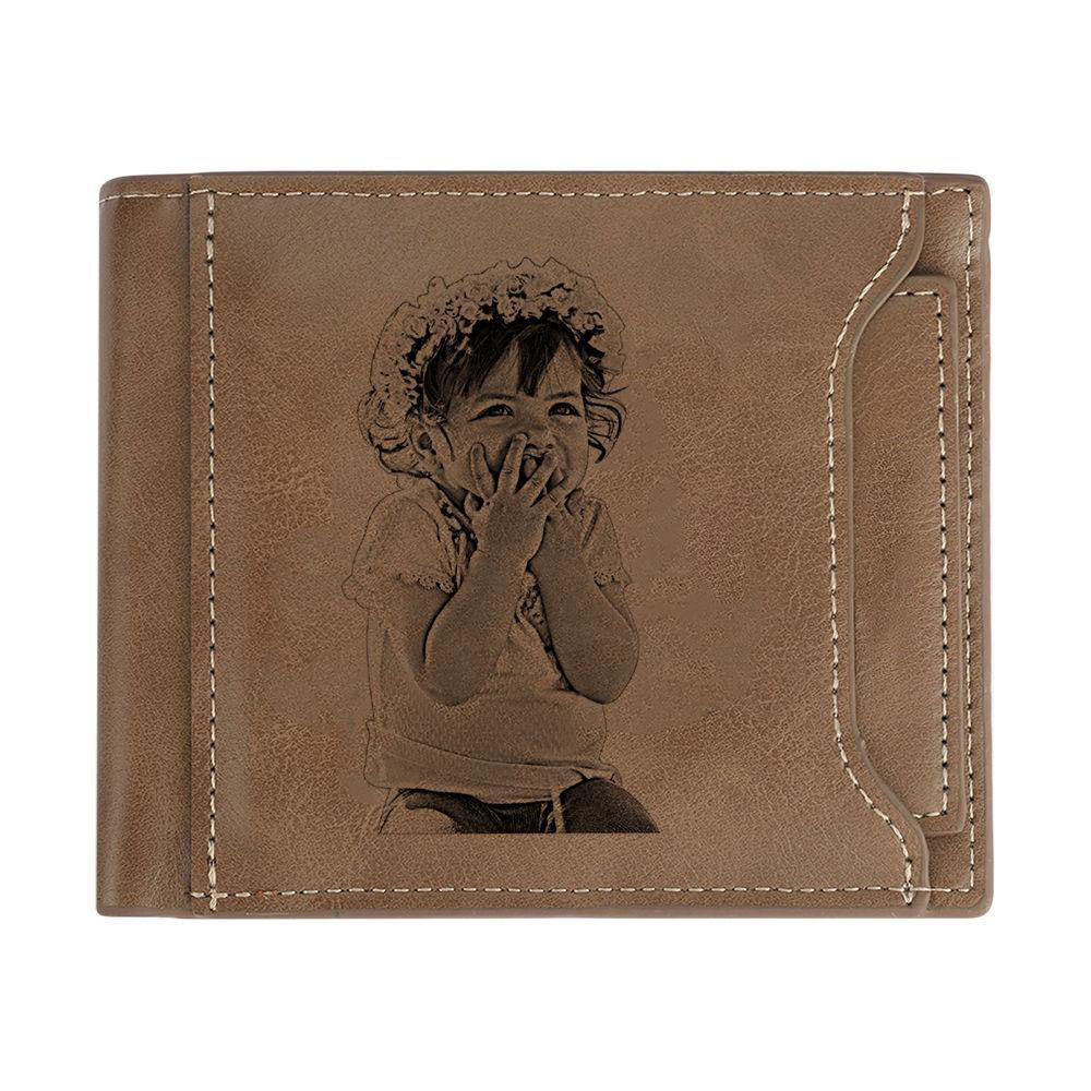 Cartera Grabable Con Foto Personalizada, Estilo Corto Bifold - Cuero Marrón