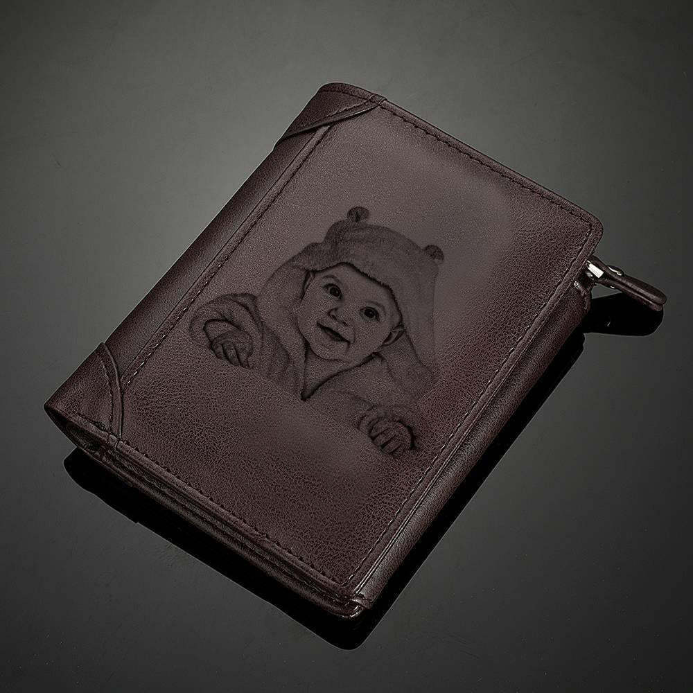 Personalizado Grabado Cartera Doble con Foto Grabada para Hombres de Cuero Café de Estilo Moderno