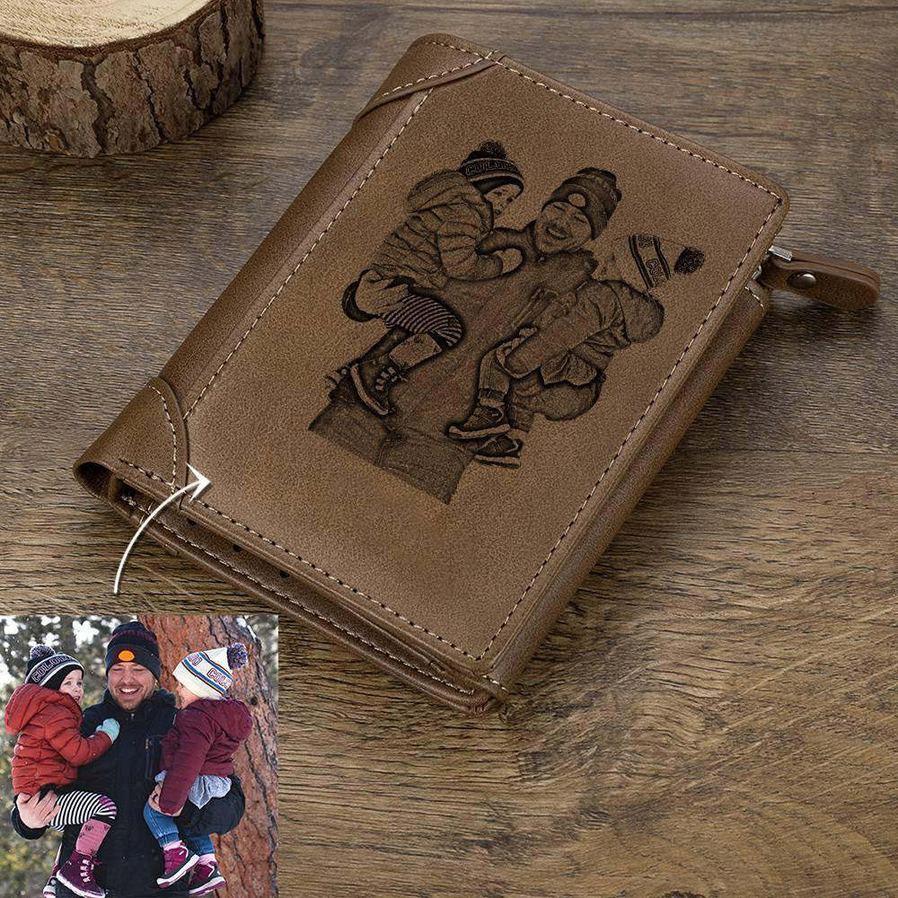 Personalizado Grabado Cartera Doble con Foto Grabada para Hombres de Cuero Café de Estilo Moderno