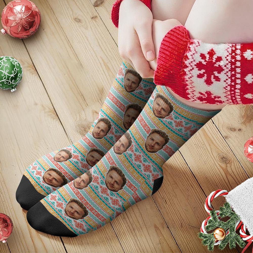 Calcetines Faciales Personalizados Calcetines Personalizados Con Foto Regalo De Navidad Calcetines De Papá Noel - Patrón De Copo De Nieve