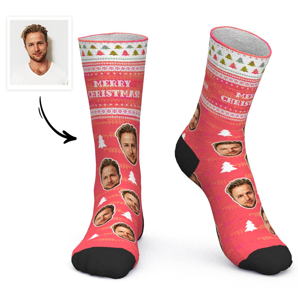 Calcetines Faciales Personalizados Calcetines Personalizados Con Foto Regalo De Navidad Calcetines De Papá Noel Hermoso Árbol De Navidad - Feliz Navidad