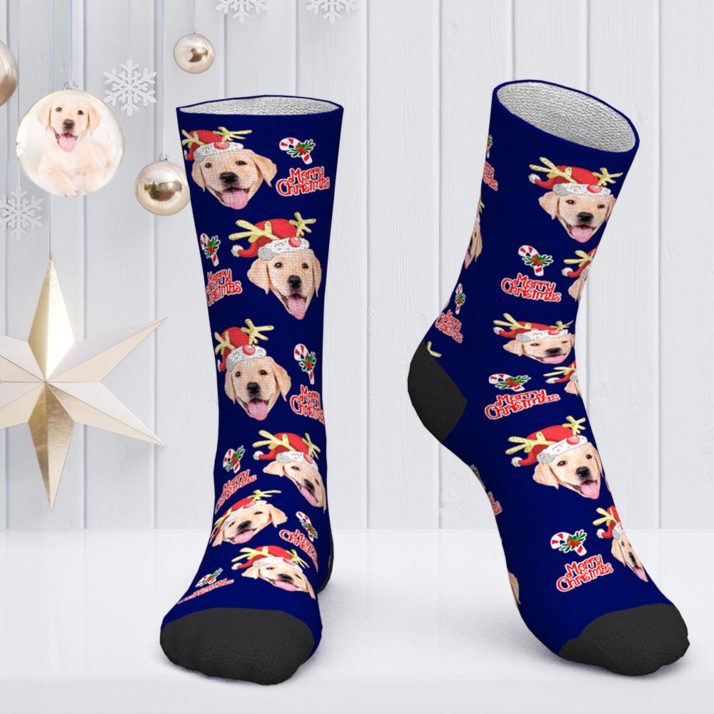 Calcetines Faciales Personalizados Calcetines Personalizados Con Foto Regalo De Navidad Calcetines De Papá Noel - Feliz Navidad Corte Perro