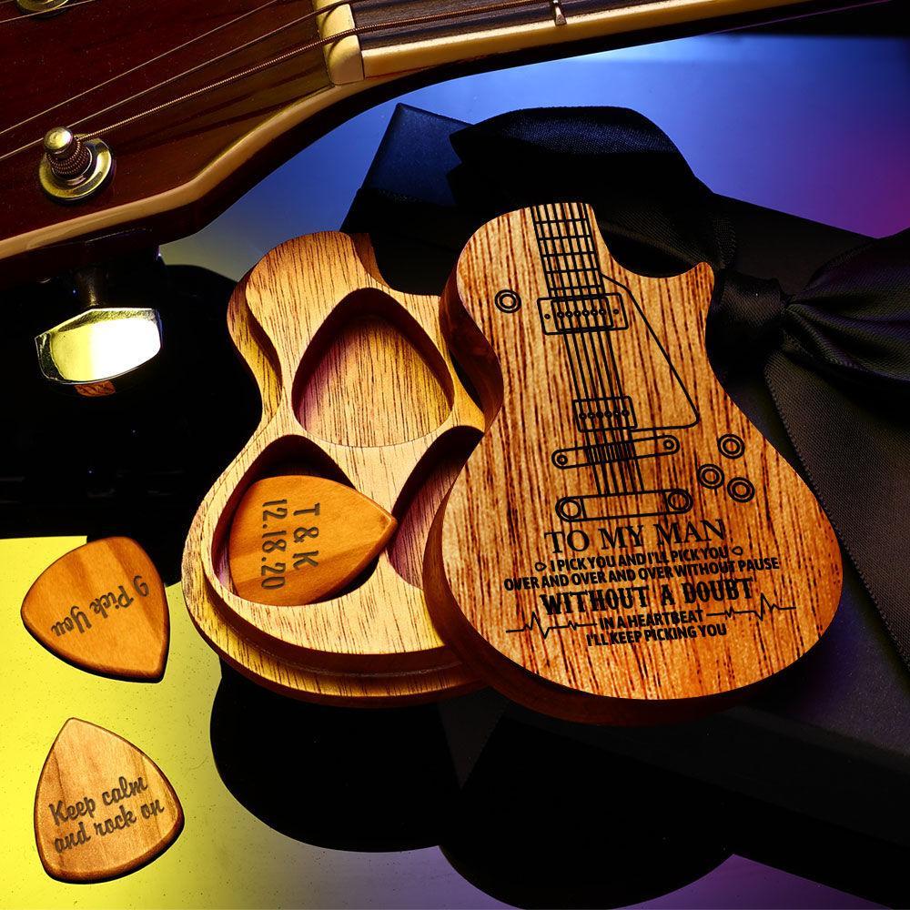 Caja de Púas de Madera para Guitarra Caja de Púas en Forma de Guitarra Contenedor de Púas 3 Piezas Púa de Guitarra