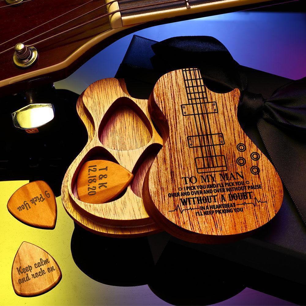 Caja de Púas de Madera para Guitarra Caja de Púas en Forma de Guitarra Contenedor de Púas 3 Piezas Púa de Guitarra