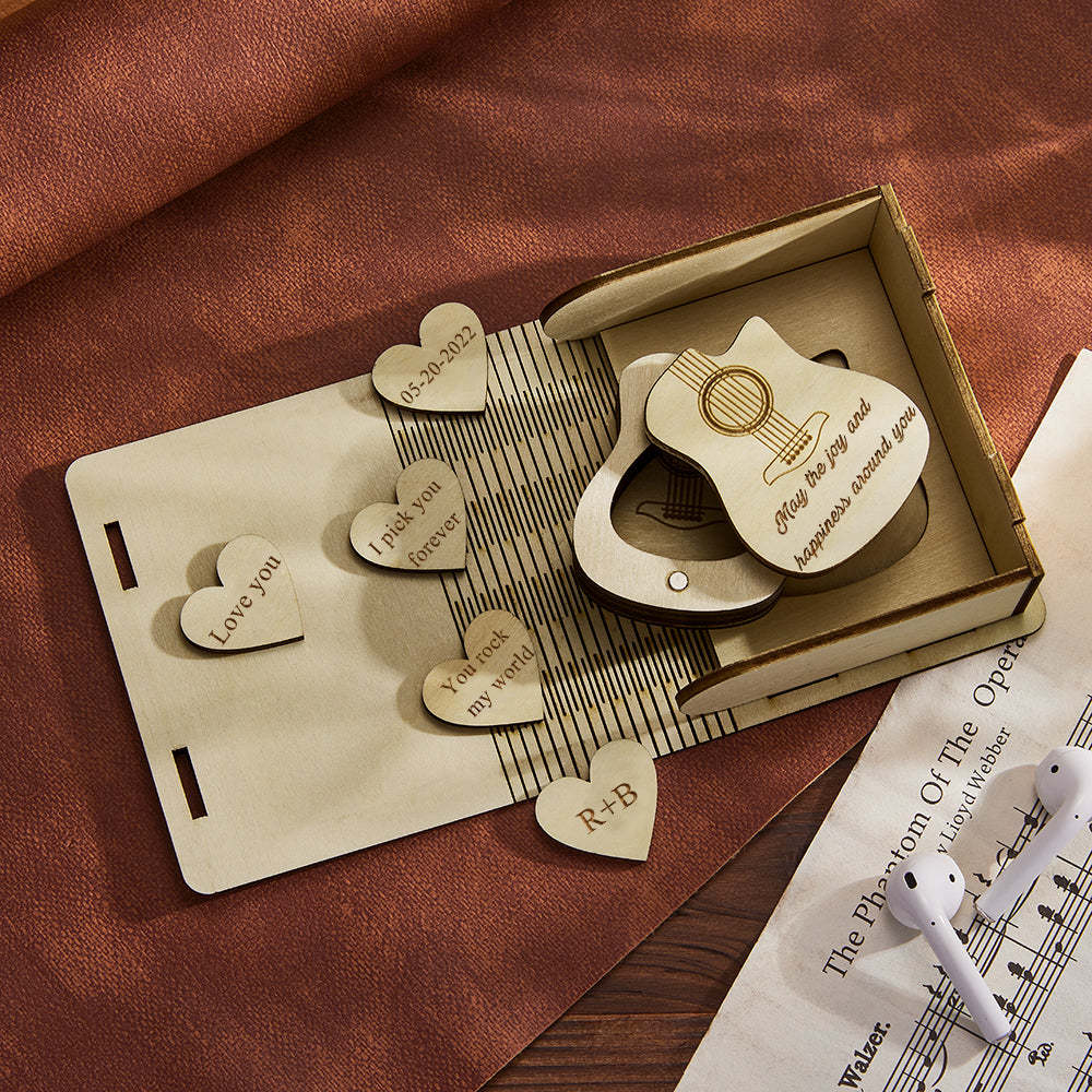 Púas De Guitarra De Corazón Personalizadas Con Caja En Forma De Guitarra Caja De Madera Personalizada Regalos De San Valentín - soufeeles