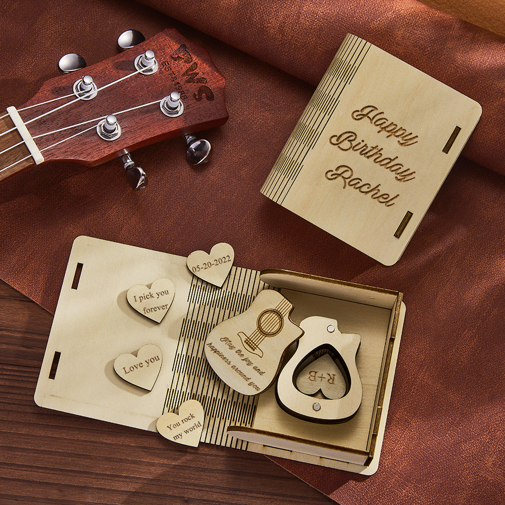 Púas De Guitarra De Corazón Personalizadas Con Caja En Forma De Guitarra Caja De Madera Personalizada Regalos De San Valentín - soufeeles