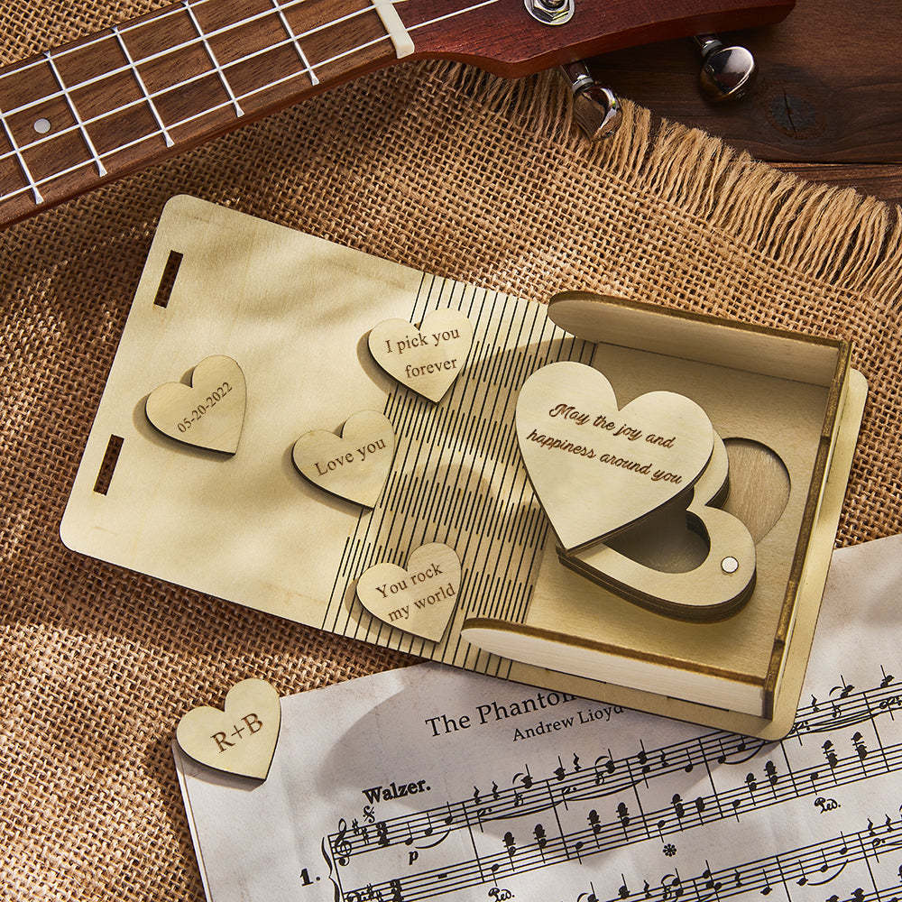 Púas De Guitarra De Corazón Personalizadas Con Caja En Forma De Corazón Caja De Madera Personalizada Regalos De San Valentín - soufeeles