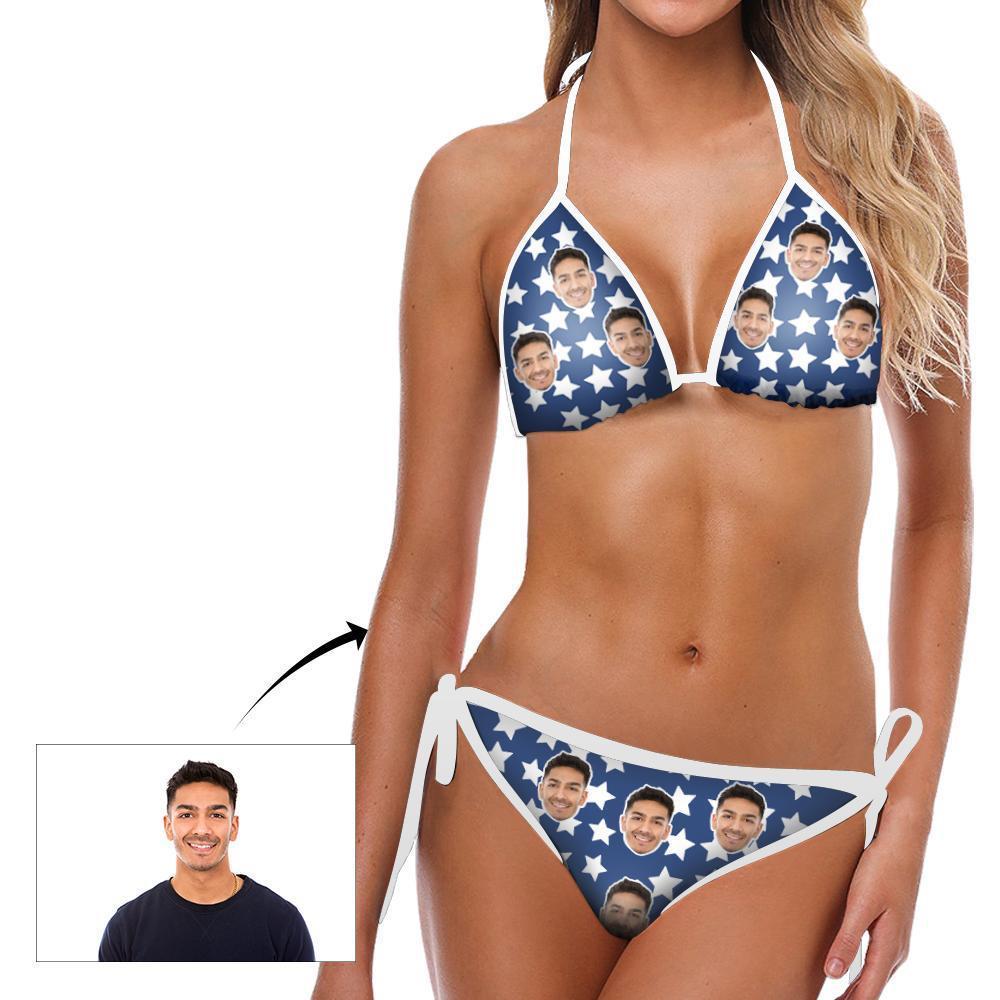 Personalizado Traje De Baño De La Cara Del Novio Estrellas Blancas Azules Personalizado Bikini