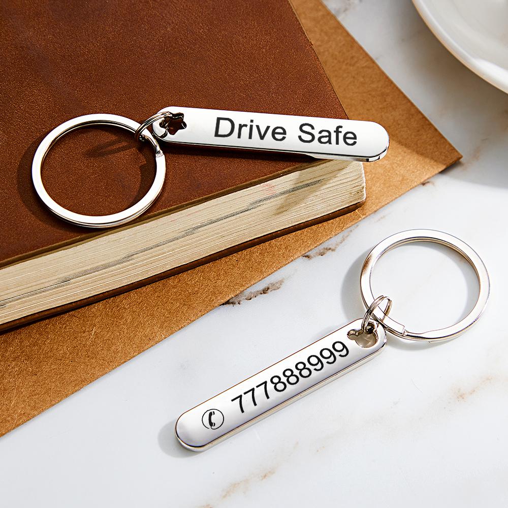 Llavero Grabado Personalizado Número De Teléfono Drive Safe Metal Gifts - soufeeles