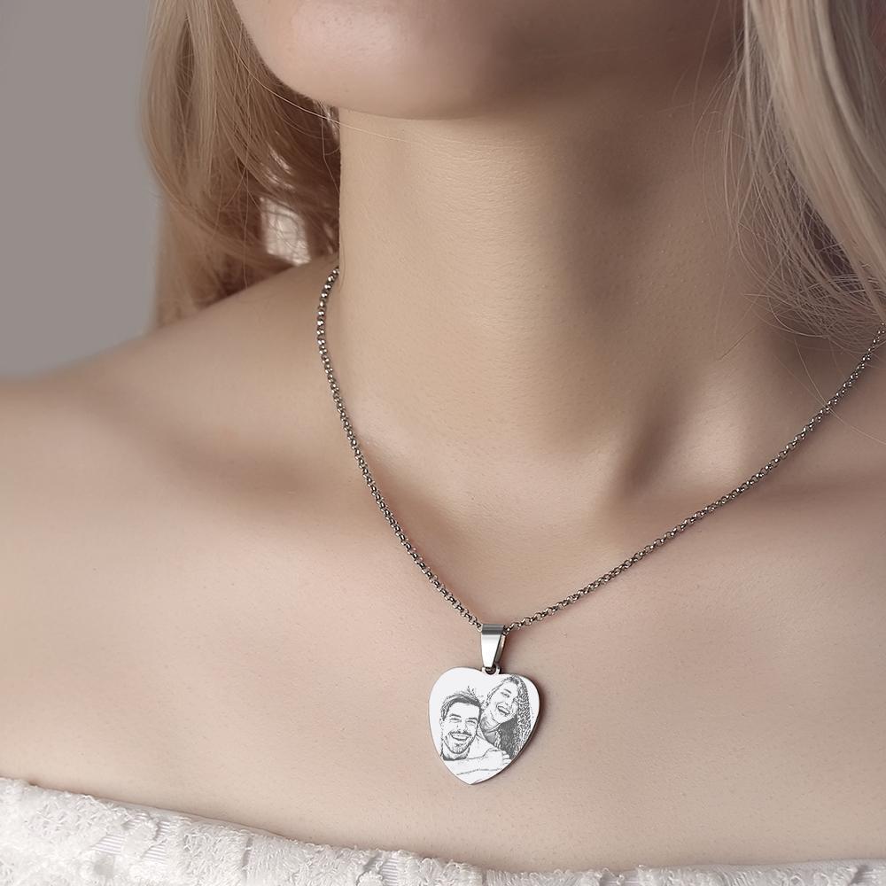 Corazón Collar Etiqueta con Foto Grabada con Grabado de Acero Inoxidable para Mujeres