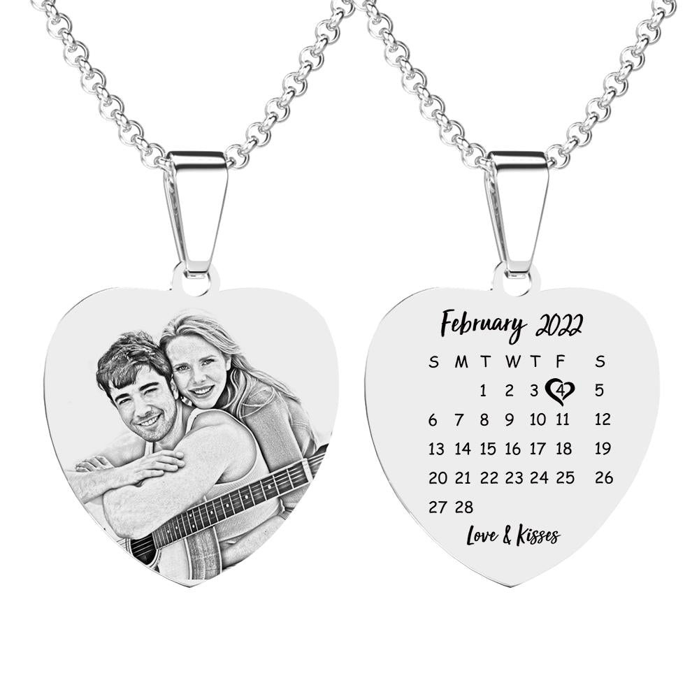 Collar De Foto Con Etiqueta De Calendario De Corazón Grabado Regalos De Acero Inoxidable Para Su Amante