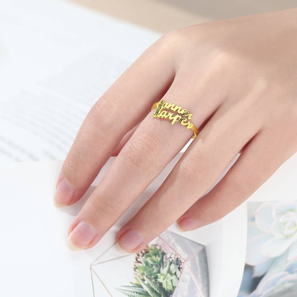 Anillo de Dos Nombres Plata Chapado en 14K Oro