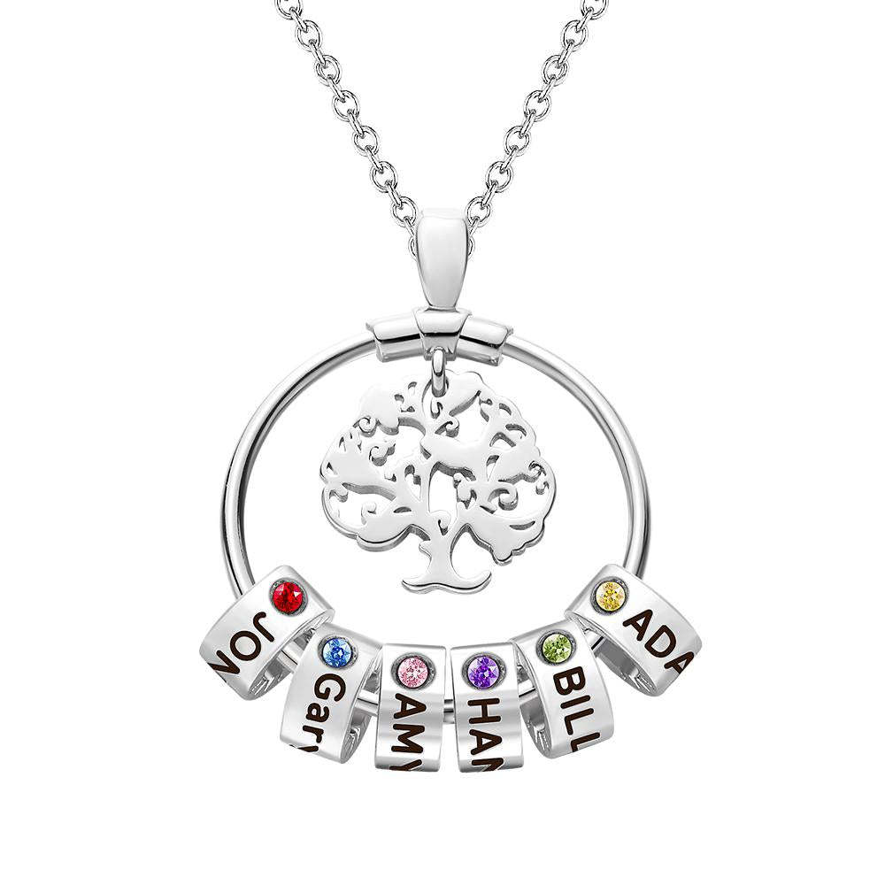 Collar grabado con árbol de la vida con regalos personalizados de piedra natal - Plata
