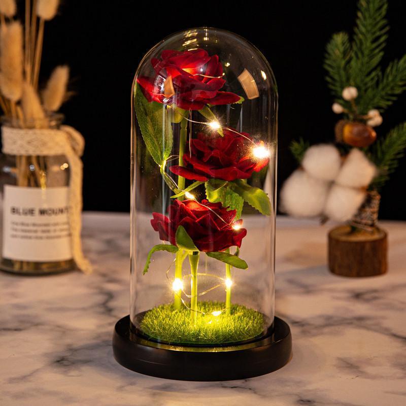 Simulación Romántica Eternal Three Rose Flower Cubierta De Vidrio Led Micro Paisaje Regalos En Navidad, Día De San Valentín Y Aniversario