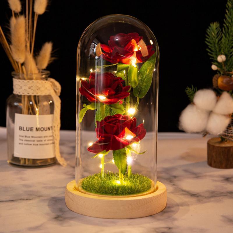 Simulación Romántica Eternal Three Rose Flower Cubierta De Vidrio Led Micro Paisaje Regalos Para Amantes En Navidad, Día De San Valentín Y Aniversario