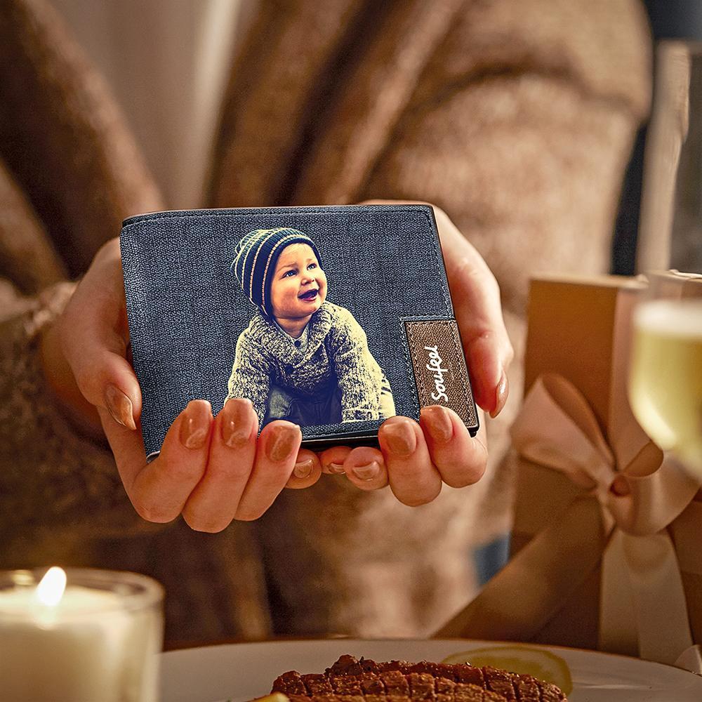 Grabable Hombre Billetera Plegable de Foto Personalizada - Azul Cuero