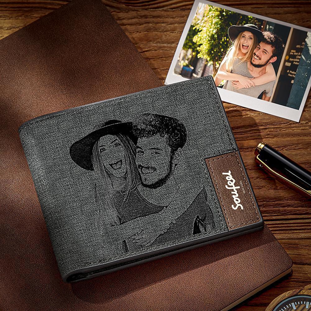 Grabable Hombre Cartera Plegable de Foto Grabable - Cuero Gris