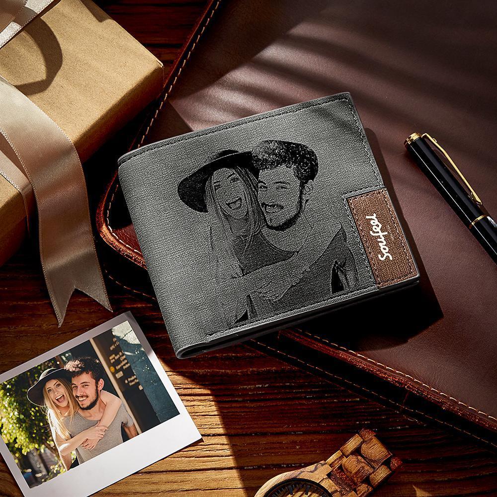 Grabable Hombre Cartera Plegable de Foto Grabable - Cuero Gris