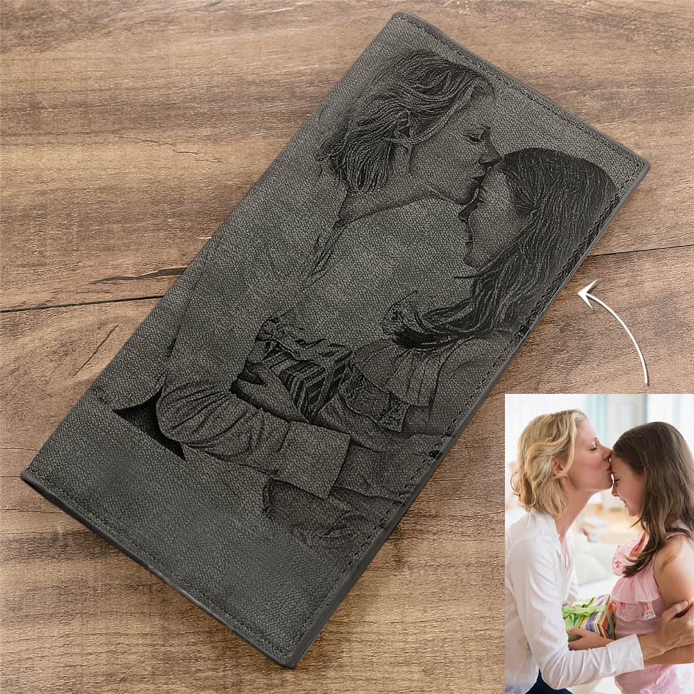 Grabable Hombre Cartera Plegable de Estilo Largo de Foto Grabable - Cuero Gris