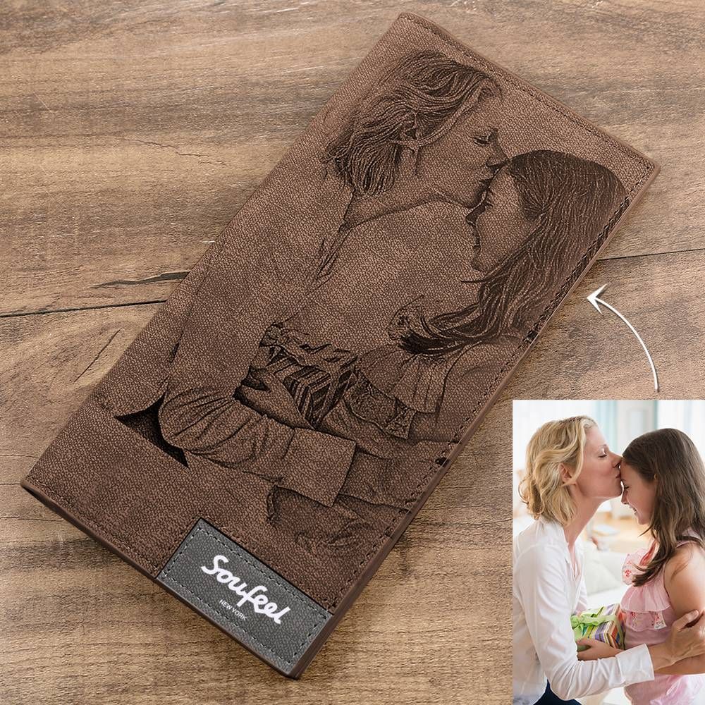 Grabable Hombre Cartera Plegable de Estilo Largo de Foto Grabable - Cuero Gris