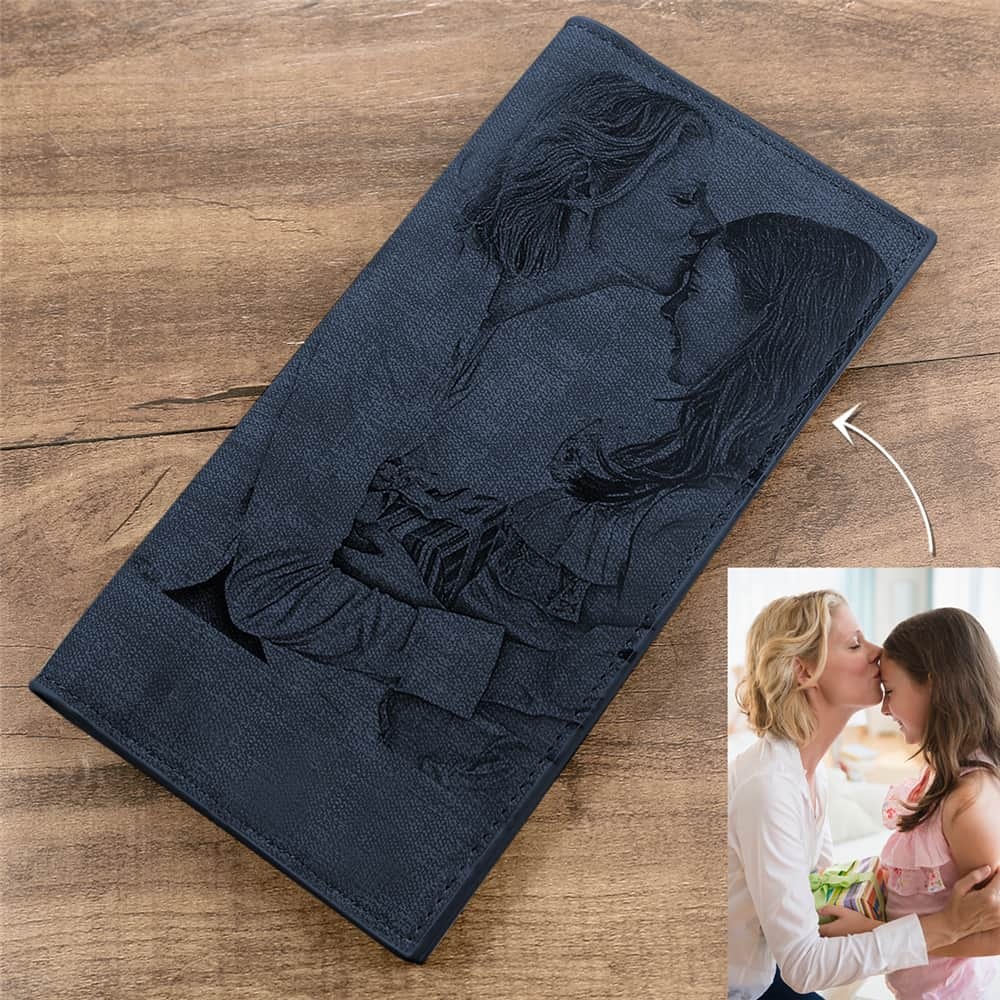 Grabable Hombre Cartera Plegable de Estilo Largo de Foto Grabable - Cuero Gris