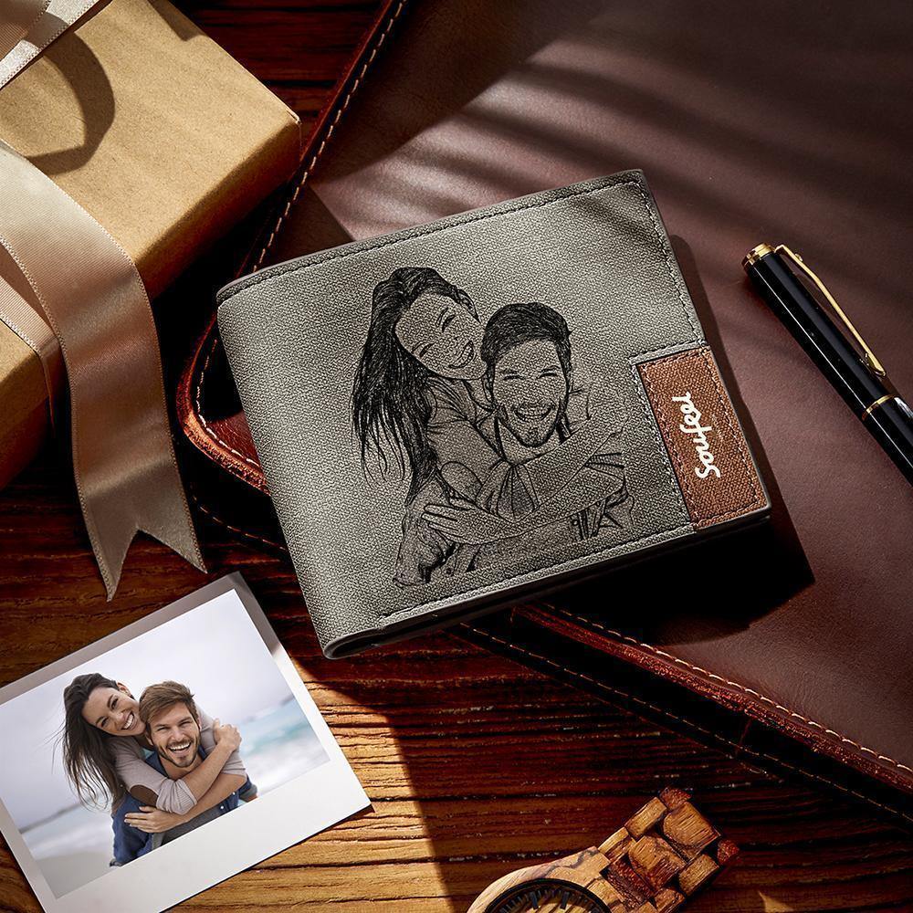 Billetera Plegable Para Hombre Con Inscripción Personalizada Y Foto Grabada - Regalo De Cuero Gris Para La Familia