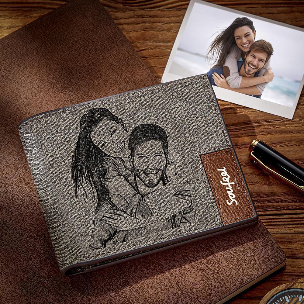 Billetera Plegable Para Hombre Con Inscripción Personalizada Y Foto Grabada - Regalo De Cuero Gris Para La Familia